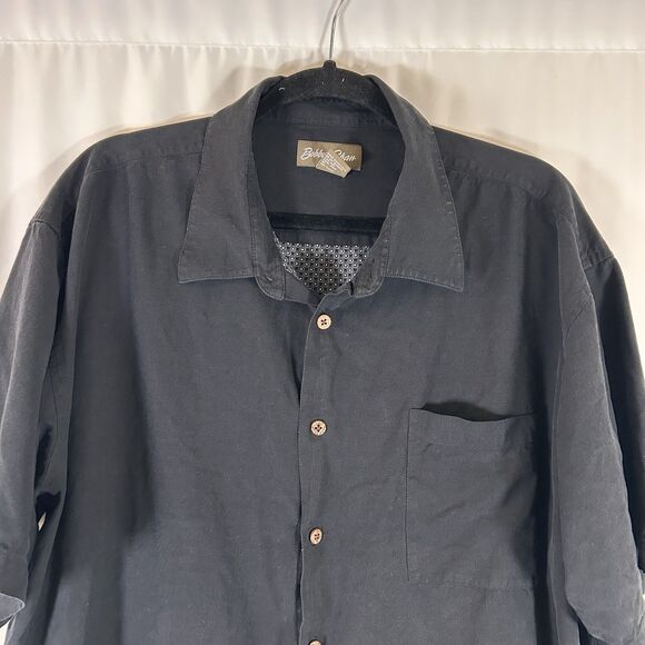 Bobby Chan Silk Shirt Men's XXL Solid Black Button Up Short Sleeve Pocket - Picture 2 of 7